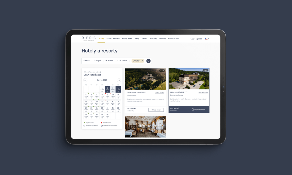 Hotel selection display on tablet