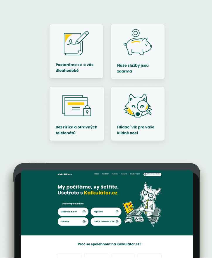 Homepage display on tablet with benefits above