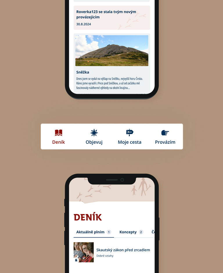 Diary split into 2 mobile parts above and below with menu between